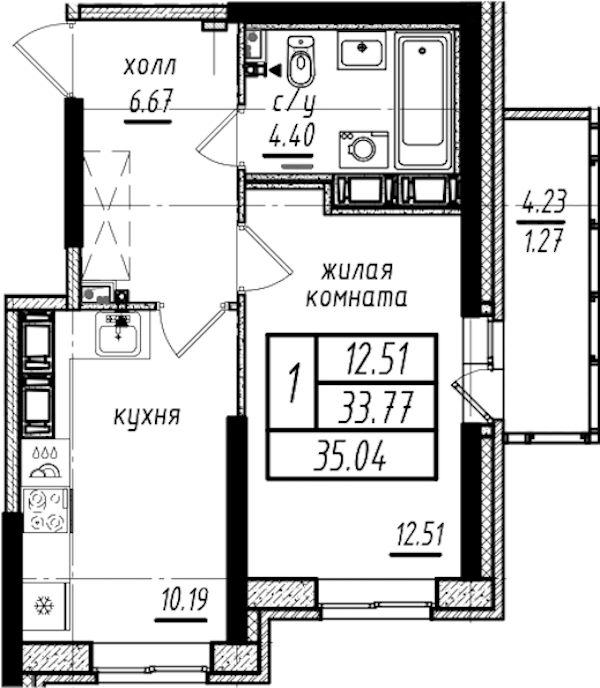 1-комнатная квартира 35.04 м², 22/25 эт., ЖК «Северная Долина»